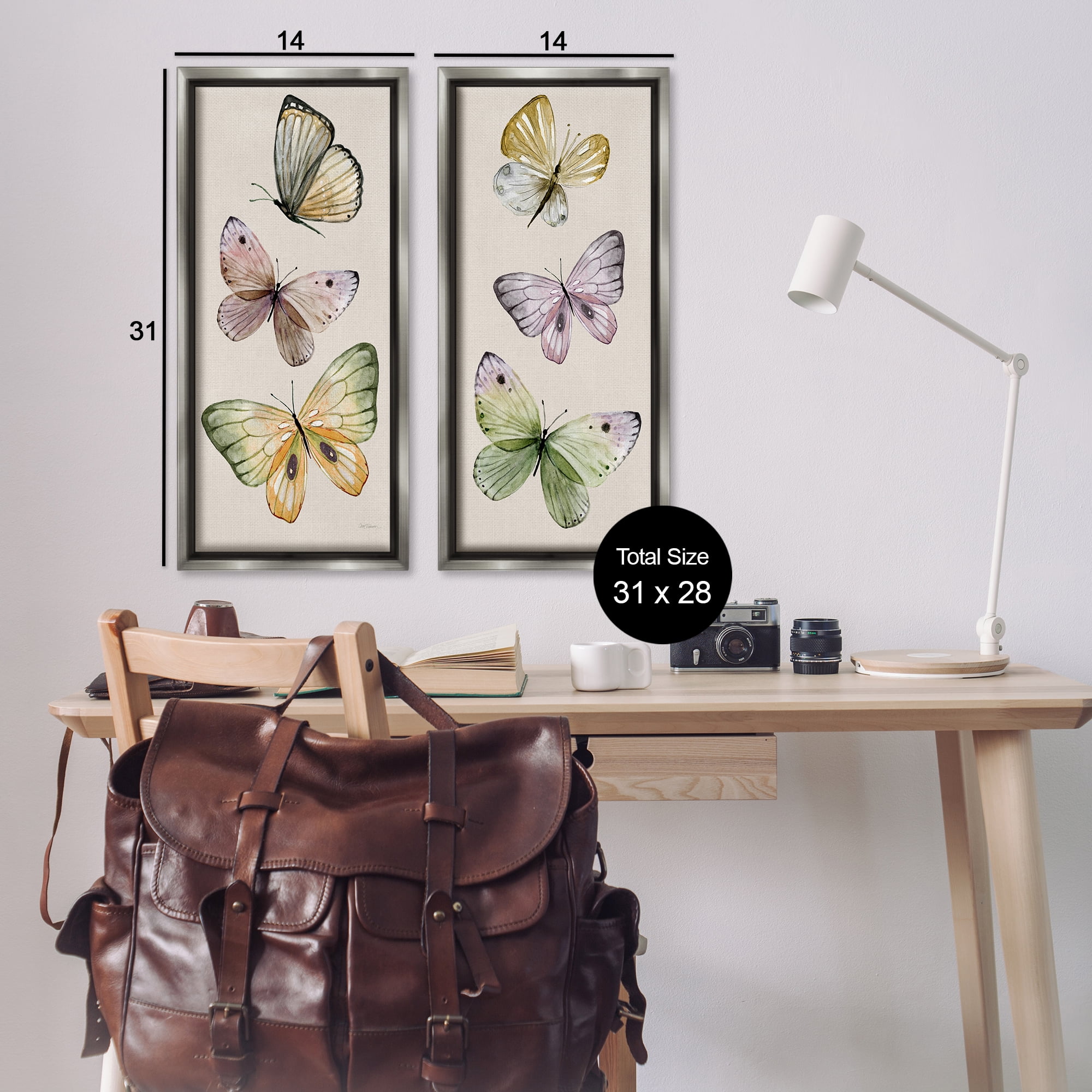 Stupell Industries Delicate Winged Butterfly Trio Animals Painting Gray Floater Framed Canvas Art Print Wall Art, 14 x 31, Set of 2