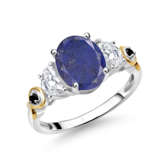 Gem Stone King 925 Silver and 10K Yellow Gold 3-Stone Ring Oval Blue Lapis and Moissanite (2.51 Cttw, Size 6)