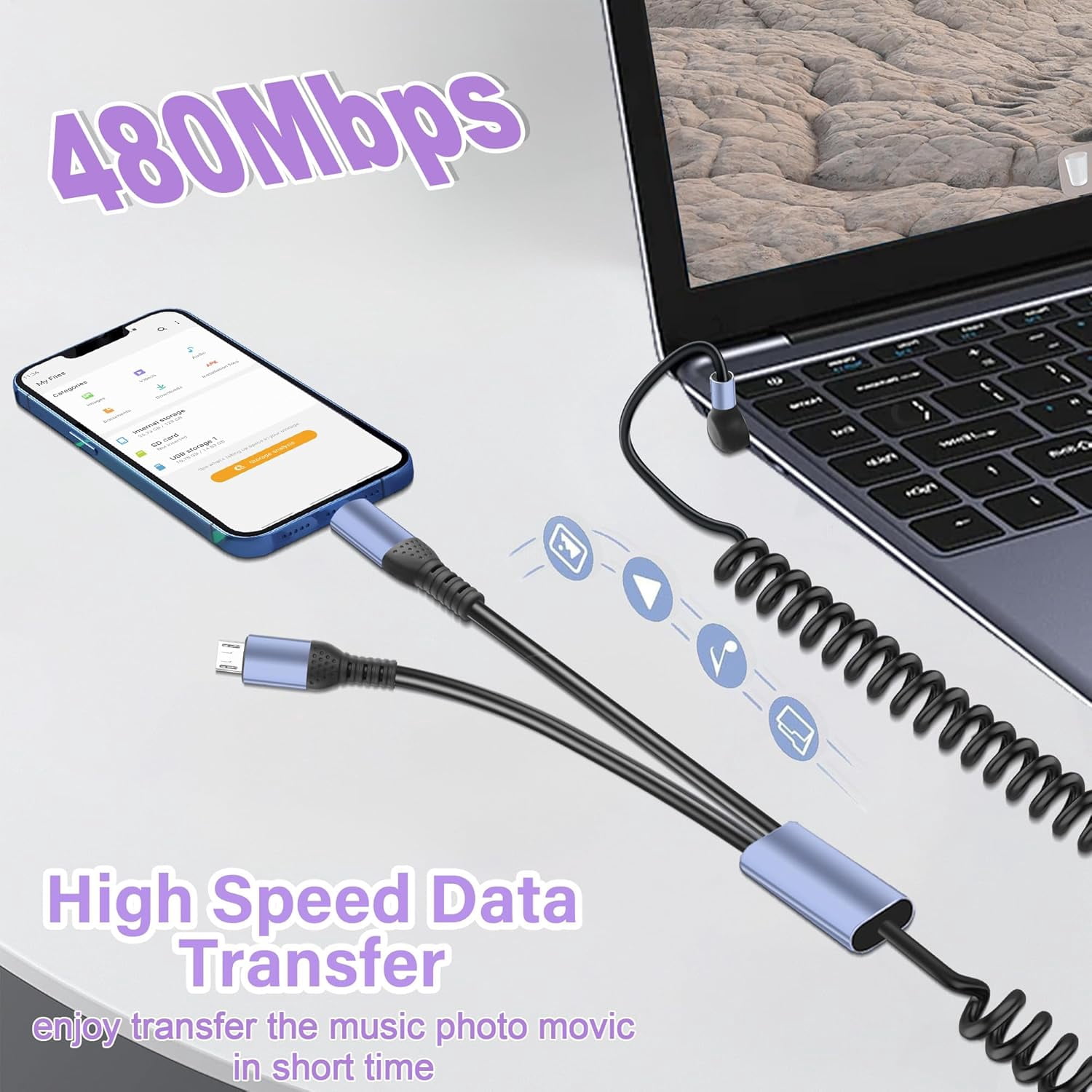 HRTGFD-Retractable 2 in 1 USB C Charging Cable,6A Coiled Type-C Fast Charging for Car,Multi USB C Splitter Cable with Type-C,Micro USB Port for Mobile Phones,Tablet,Cars,and More