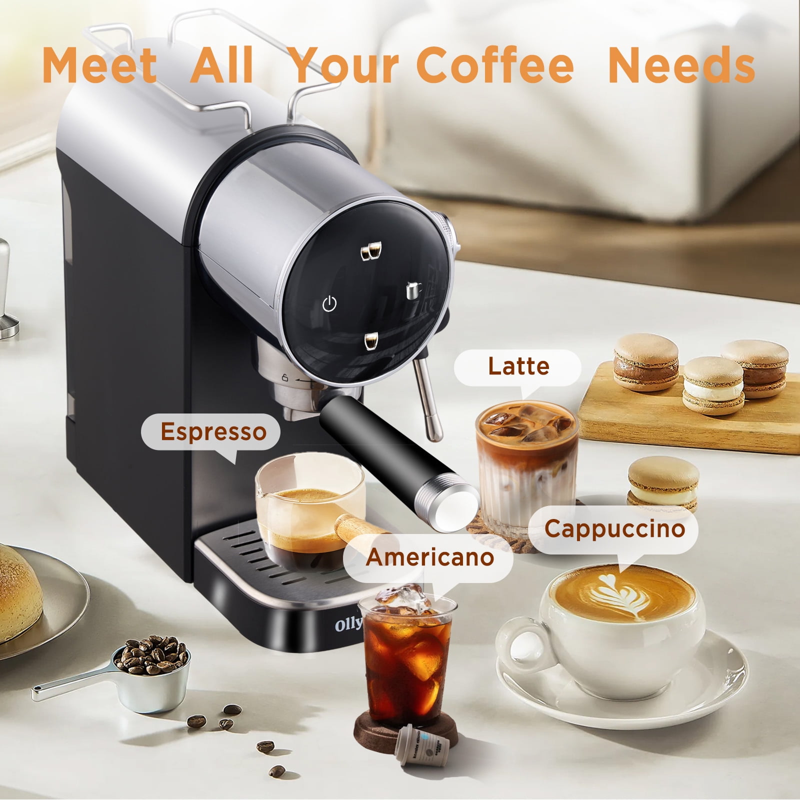 Ollygrin Espresso Machine 15 Bar, Touch Screen Espresso Maker with Americano, Coffee Machine with Steam Milk Frother, Stainless Steel Cappuccino Latte Machine for Cold Brew Home Gifts