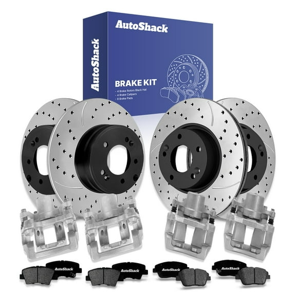 AutoShack Front & Rear Brake Rotors, Premium Pads & Calipers for Hyundai & Kia, Sonata 2011-2015 Optima 2011-2015, FWD L4 2.0L 2.4L - E-Coated Drilled & Slotted - ShadowGuard