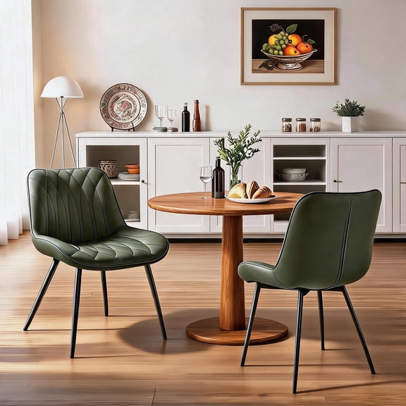 Dining Chairs Set of 2 Faux Leather Upholstered Cushion Seat with Curved Ergonomic Backrest and Sturdy Metal Legs for Kitchen Dining Room Living Room Apartment Green