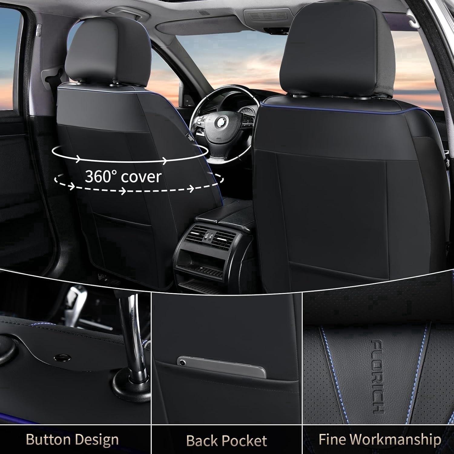 FLORICH Front Pair Car Seat Covers, Premium Faux Leather Seat Protectors, Breathable Material Cushions Universal Fit for Most Cars, Black & Blue Line