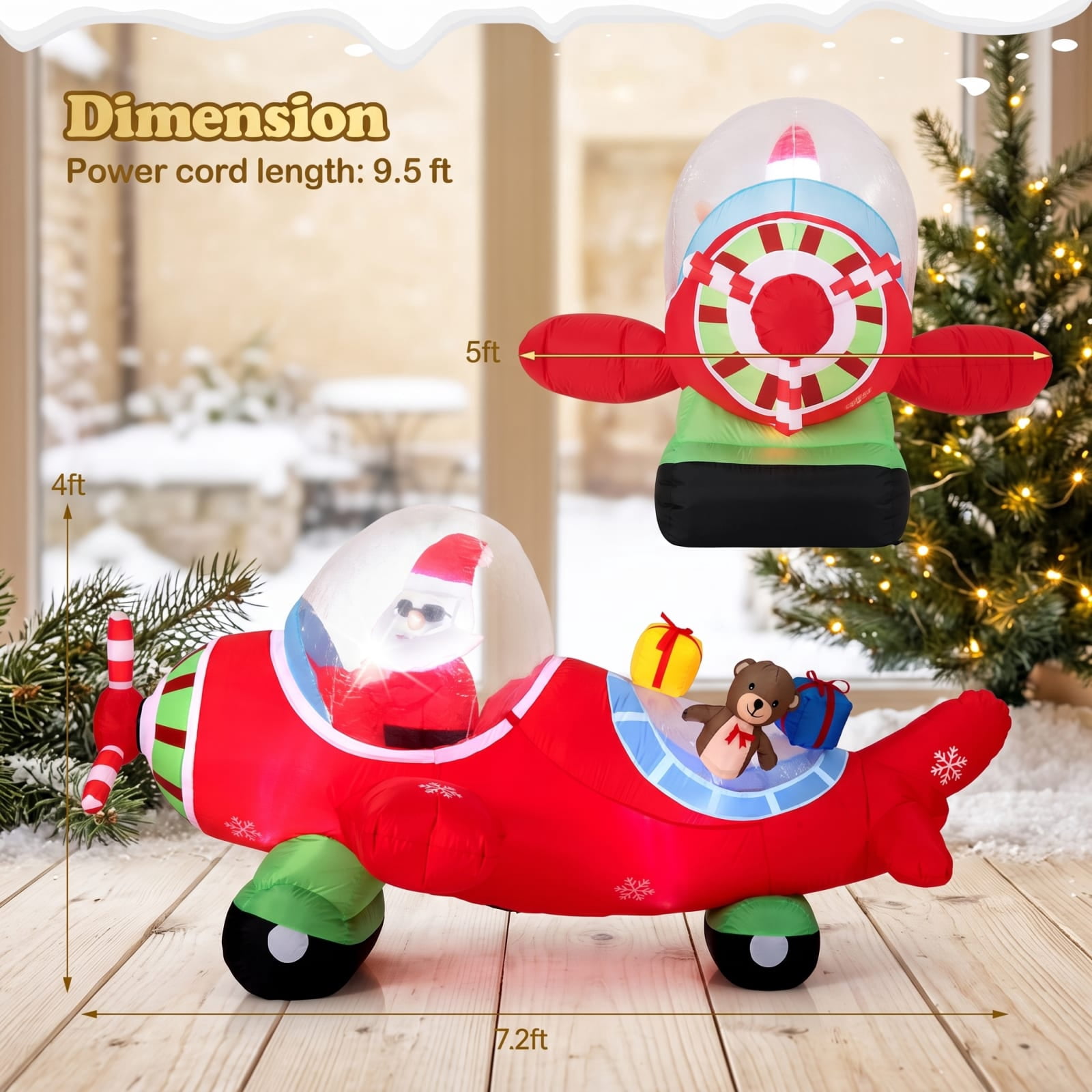 RUIE 7.2 FT Christmas Inflatables, Blow Up Santa Airplane with Bear and Gift Boxes, LED Lighted Outdoor Yard Decorations for Lawn - Multicolor