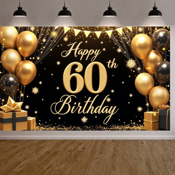 Golden Glitter Happy 60th Birthday Banner Dark Blue Background 60th Birthday Backdrop Sparkling Star Accent Luxury Gift Box Decor 60th Party Banner for 60th Birthday Party Adult Milestone