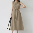 thumbnail image 4 of Breaise Women's Casual Summer Sleeveless Dresses Solid Cotton Linen Midi Dresses Drawstring Waisted Crew Neck Dresses Loose Fit Casual Long Sundresses Beige S, 4 of 9