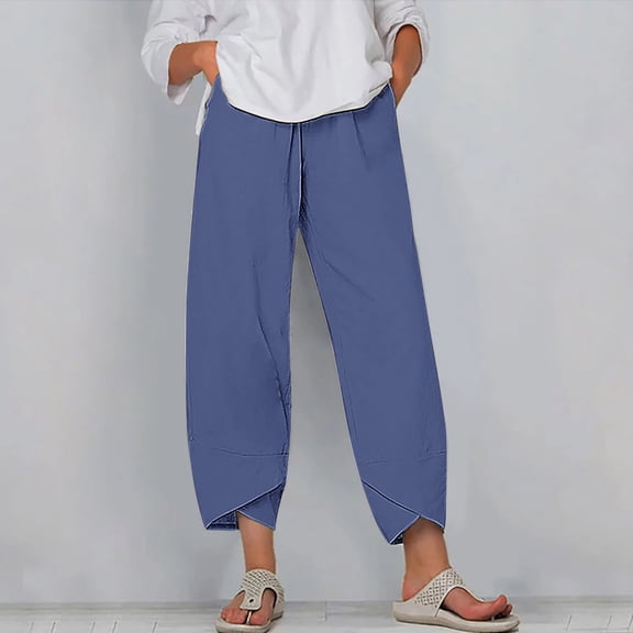 WIZUTIZ Sweatpants Women Vintage Casual Loose Wide Leg Beach Pants Stretch Elastic High Waist Full Length Palazzo Pants Solid Asymmetrical Cropped Pants for Teen Girls Business Graduation Blue
