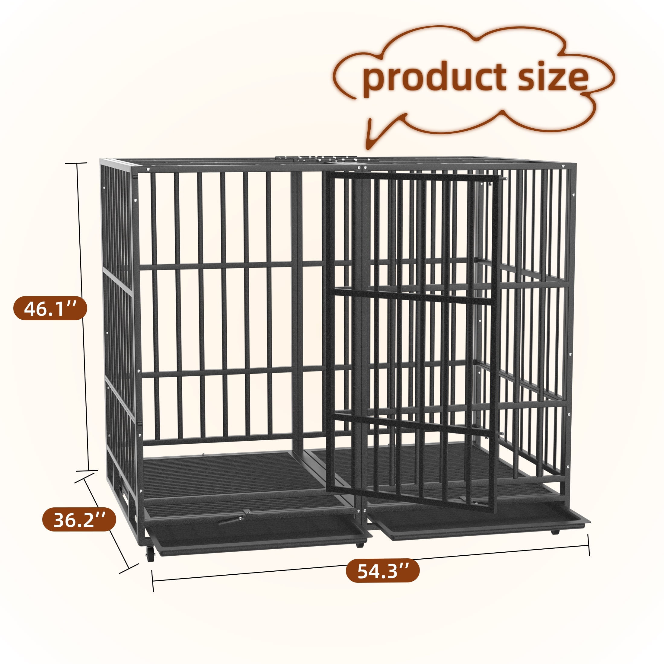 YOKWOK 54 Inch Heavy Duty Dog Crate, Indestructible Steel Chew & Escape Proof Dog Cage for Large High Anxiety Dogs, XXL Metal Dog Kennel with Locking Wheels, Removable Tray, Indoor Use