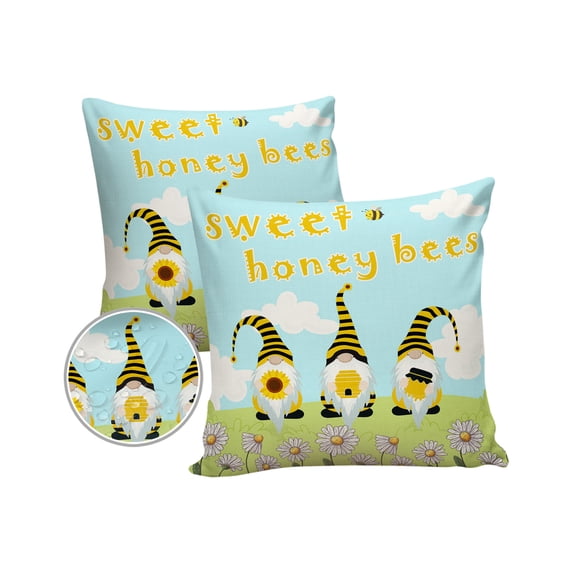 Pack of 2 Outdoor Pillow Covers, Sweet Honey Bees Dwarfs Daisy Waterproof Square Throw Pillowcase Cushion Decorative Pillow Covers for Couch Patio Tent, 20x20 in