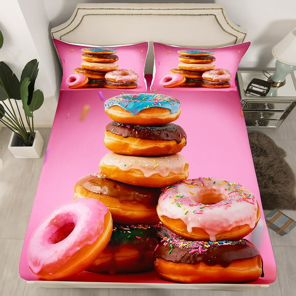 Girls Doughnut Bedding Twin Size Funny Food Bed Sheets, Sweet Dessert Fitted Sheet Donut Cake Bed Set, Novelty Doughnut Sheet Kids Child Bedroom Decor Lightweight (Deep Pocket)（No Top Sheet）