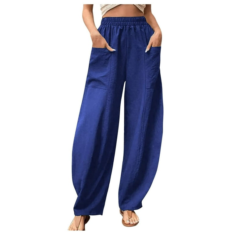 Women's Wide Leg Pants 2023 Pejock Women Summer High Waisted Cotton Linen  Trousers Straight Suit Pants Long Lounge Pant Trousers with Pocket Blue 4XL  (US Size:16) 