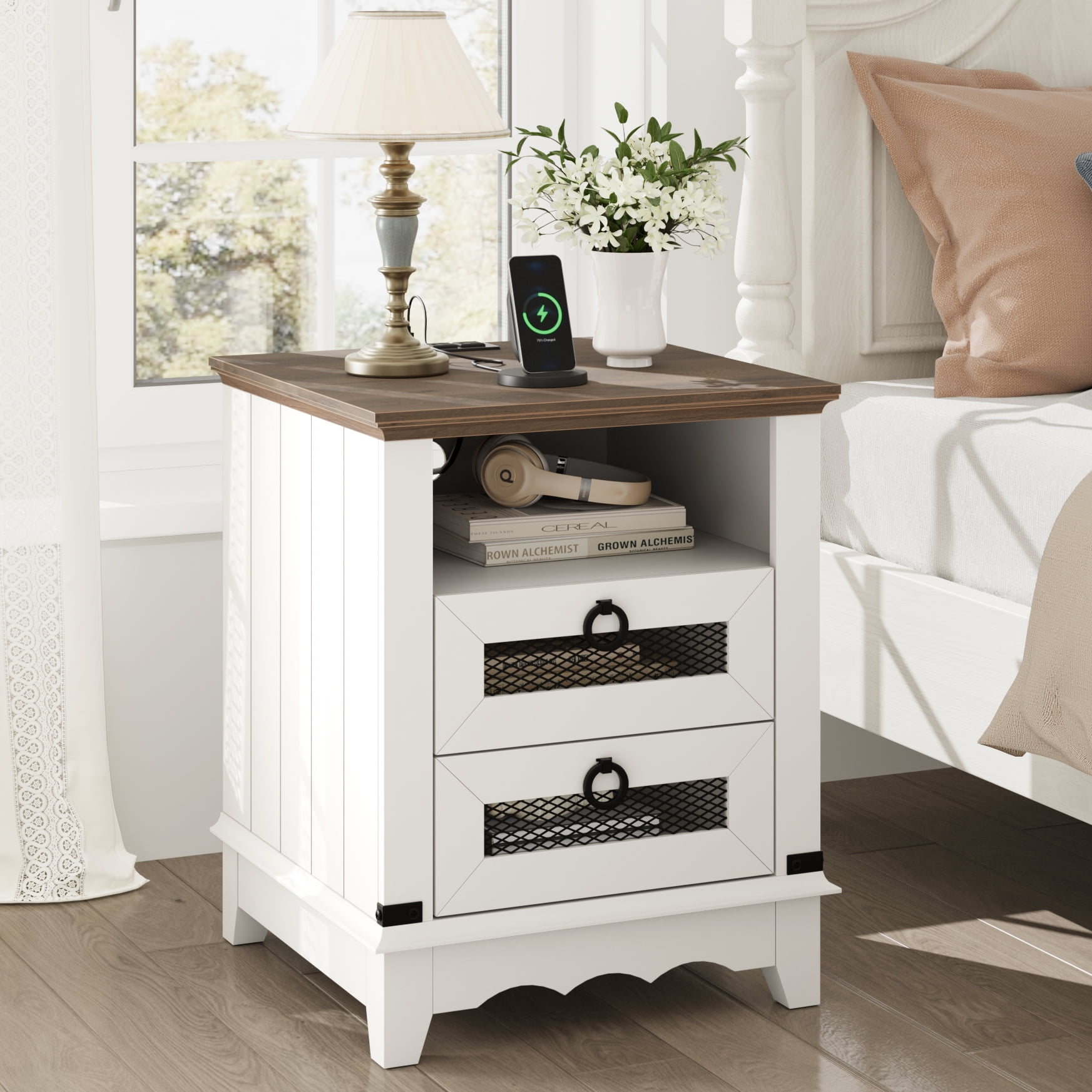 Solid Oak Wood Nightstand - Mid-Century Modern Bedside Table With 2 Drawers, Dark Walnut Finish, Easy Assembly 5 thumbnail image