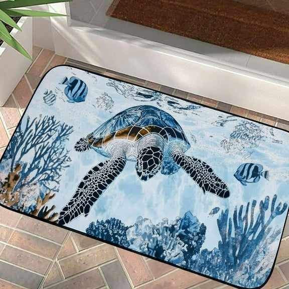 Qinduosi Coastal Beach Kitchen and Door Floor Mat Nautical Decorative Coral Sea Turtle Kitchen Rug Anti Fatigue Mat Non-Slip Comfort Standing Cushioned for Kitchen 19.68*39.37 in