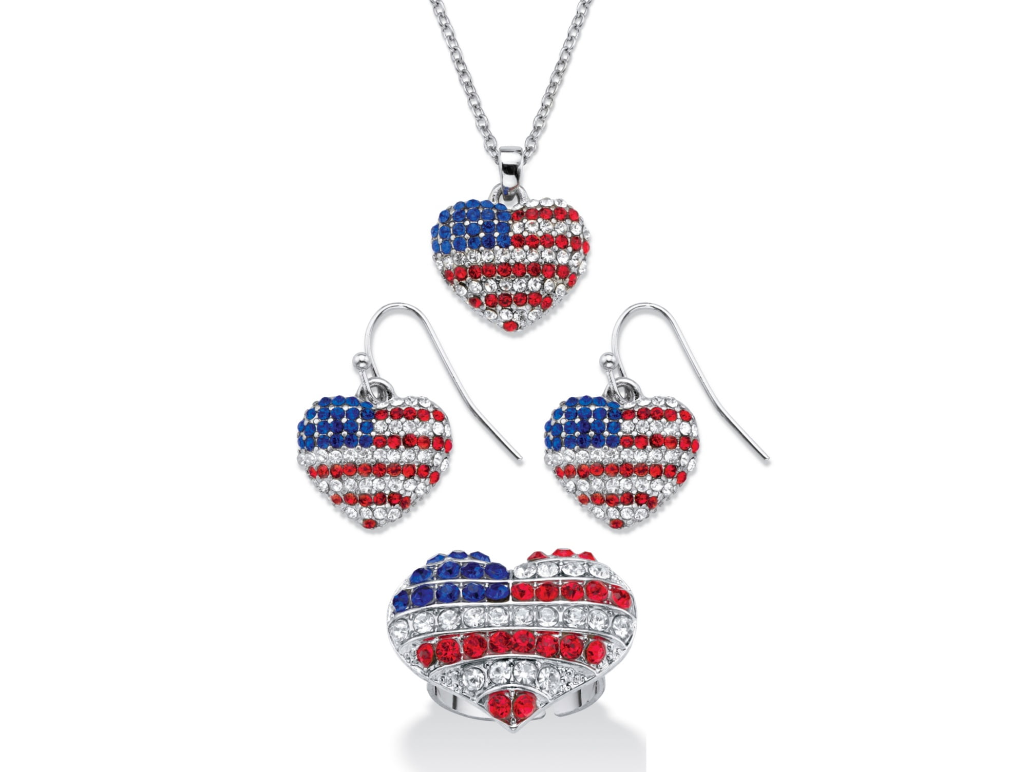 Crystal Heart-Shaped American Flag 3-Piece Necklace, Drop Earring and Adjustable Ring Set in Silvertone 18'