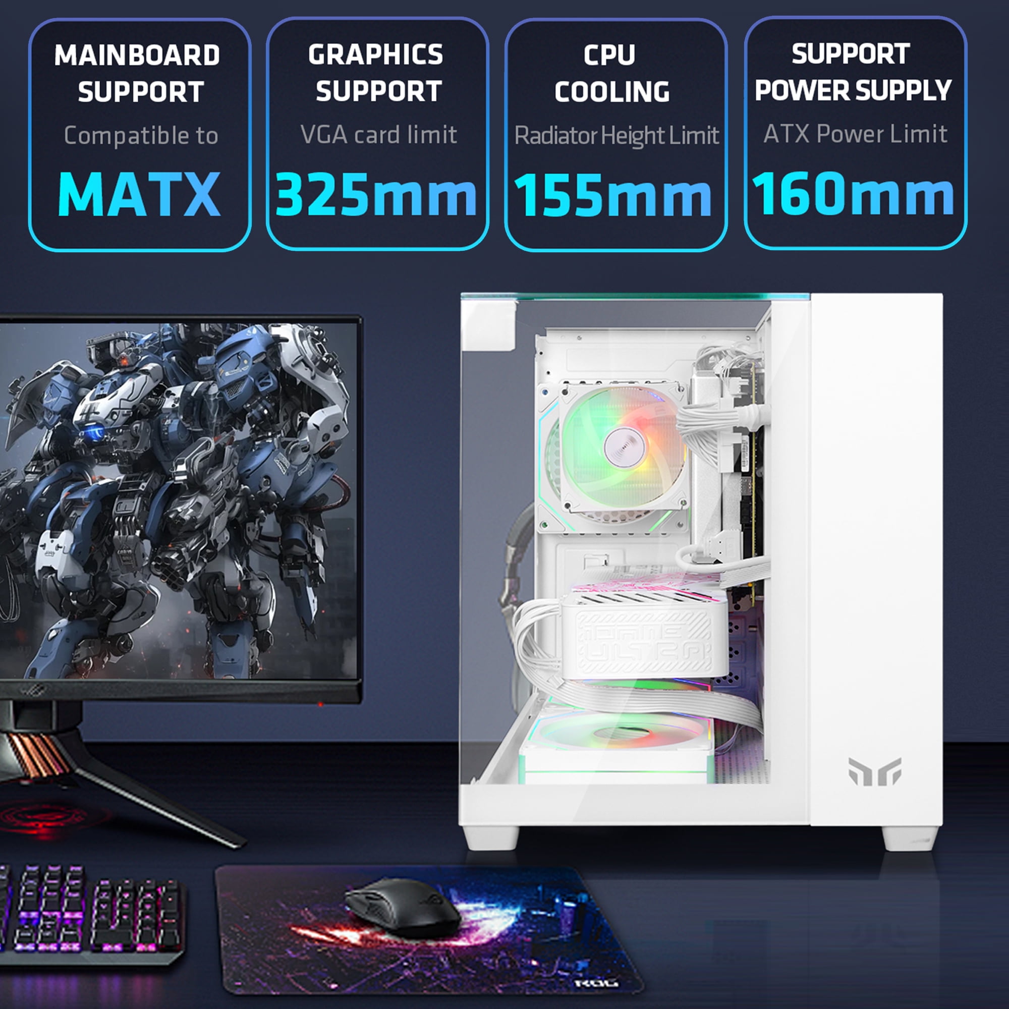 YEAH MAGIC CUBE Gaming computer Case,Tempered Glass ,Three-sided transparent, support MATX, ITX,With 3 RGB Fans, 3D panoramic view, left and right compartments Gaming desktop Case,White