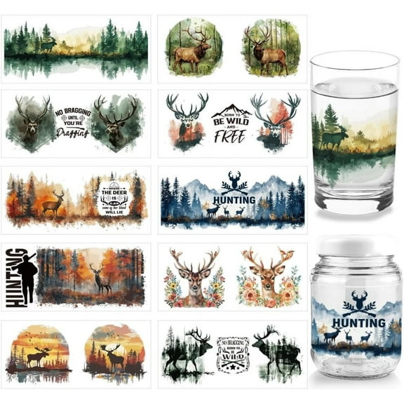 10 Sheets Hunting Deer Theme UV DTF Cup Wrap for 16OZ Glass Forest Lake Mountain Animal Rub on Decals Born to BE Wild and Free Transfer Stickers for DIY Cups Jars Canned Meat 1set