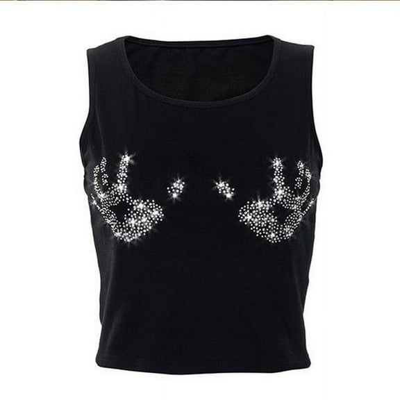 YCNYCHCHY Sexy Rhinestone Bling Hand Print Tank Tops Black Sleeveless Bodycon Crop Top Y2k Women Camis Summer Tights Vest