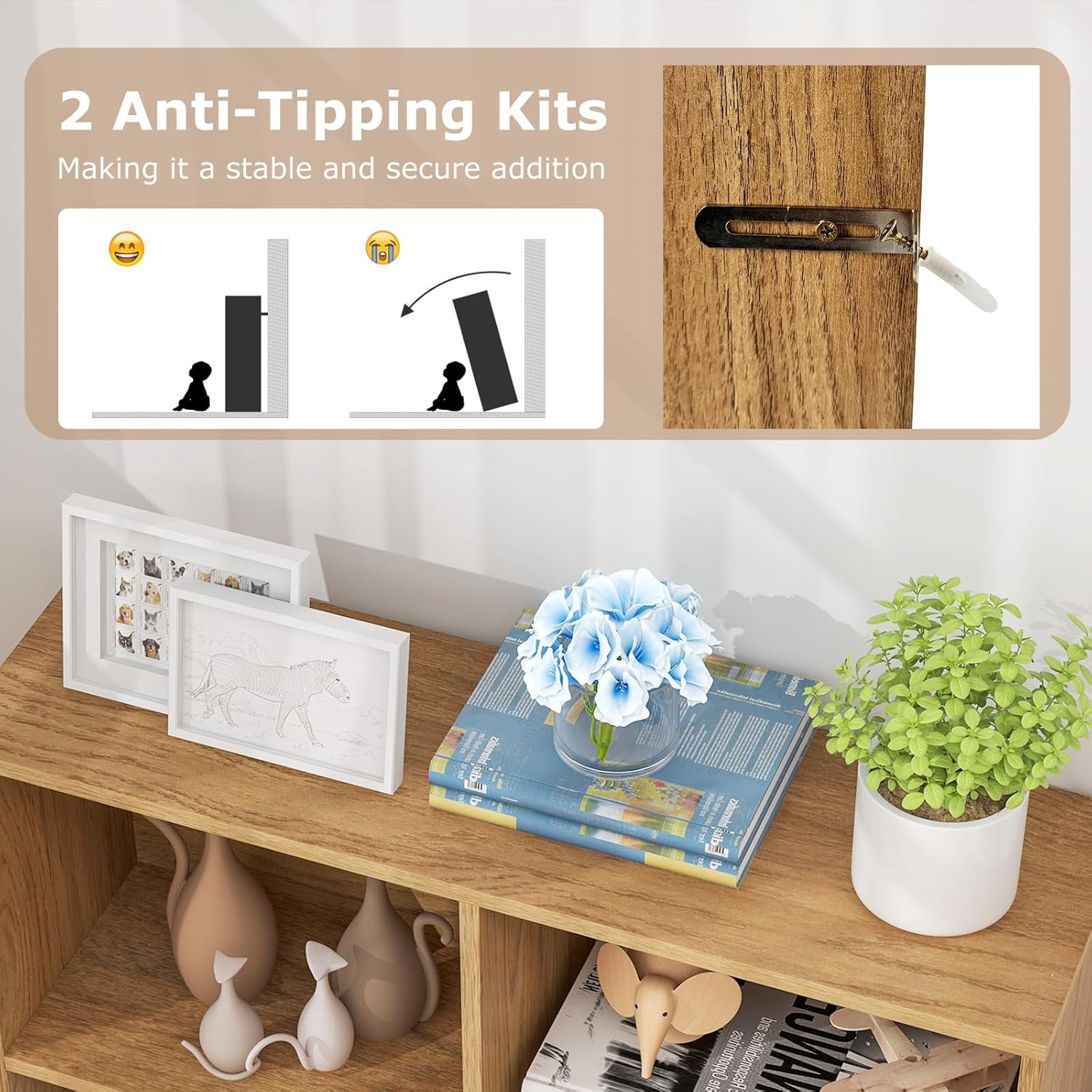 WBTER 7-Cube Bookshelf, 41” Floor Bookcase with 2 Anti-Tipping Kits, Freestanding Storage Organizer, 4-Tier Display Shelf for Home, Office & Dorms (Natural, 7-Cube)