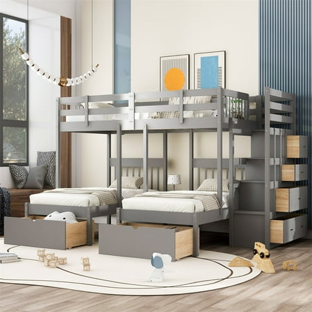 Triple Bunk Bed with Staircase and 7 Drawers  L-Shaped Bunk Bed for 3  Solid Wood Full Over Twin & Twin Bunk Bed Frame with Safety Guardrail & Storage Board  Space Saving  No Box Spring Needed  Grey