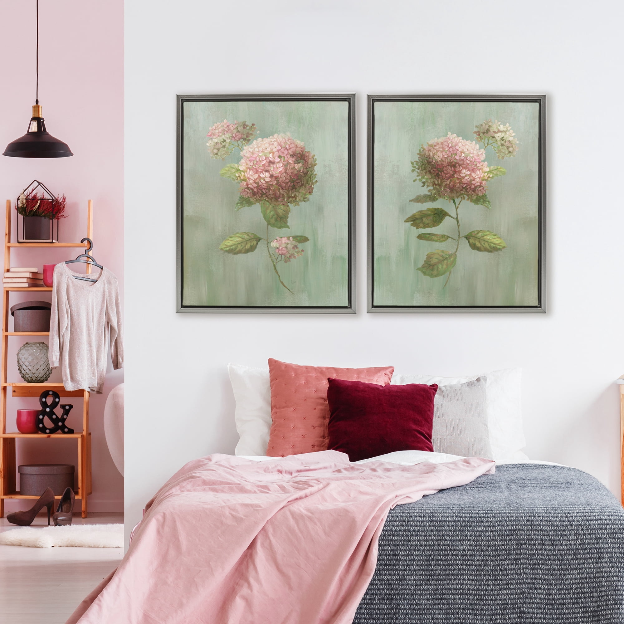 Stupell Industries Aged Pink Hydrangeas 2 Piece Gray Framed Floater Canvas Set, design by Nan