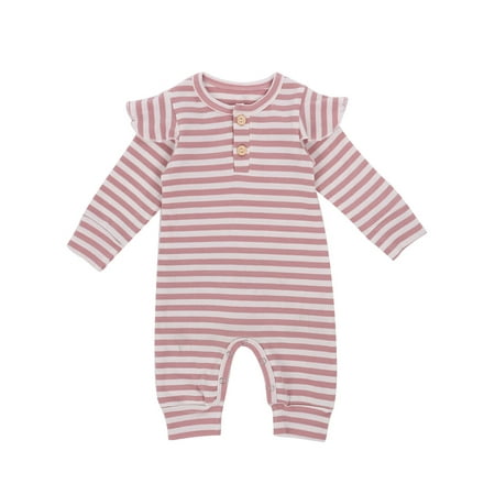 

Pudcoco Baby Ribbed Stripe Romper Long Sleeve Round Neck Ruffle Jumpsuit