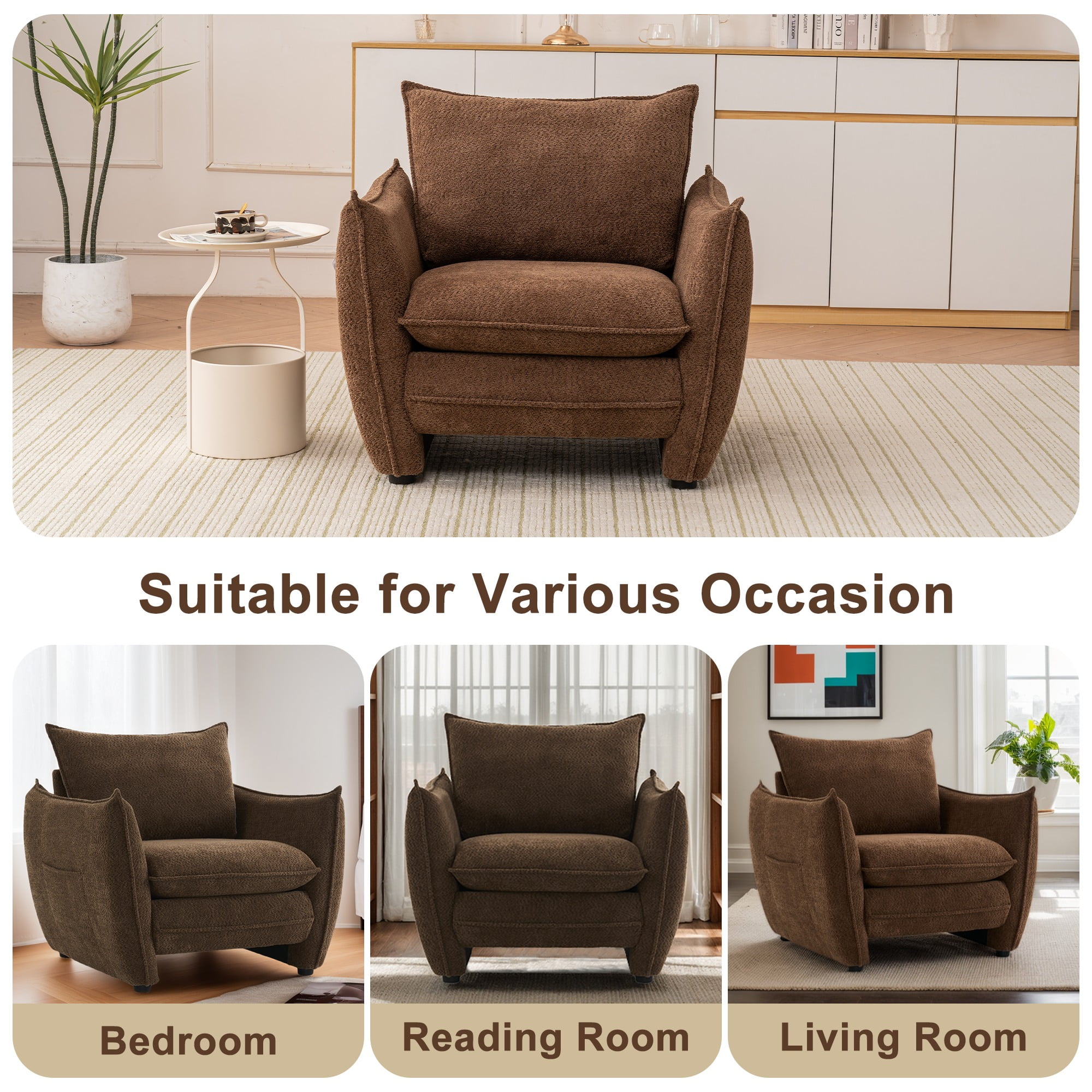 ENYLAY Modern Brown Cloud Chair, Plush Upholstered Sofa Chair, Comfy Single Armchair with Removable Cushions for Living Room, Bedroom, Office