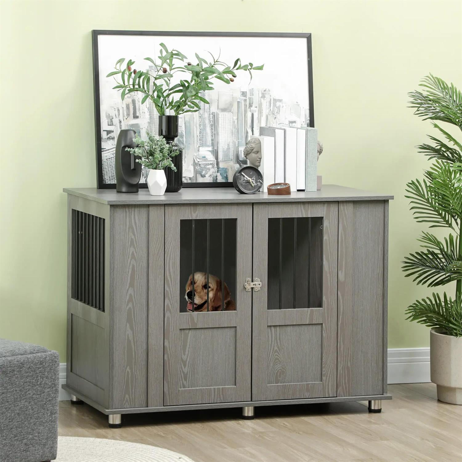 Pefilos 45" Dog Crate Furniture with Lockable Magnetic Doors, Wooden Kennel Table, Indoor Dog House for Medium Dogs, Gray