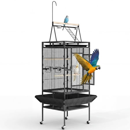 Studyset 82" h Large Bird Cage, Wrought Iron Flight Birdcage, Rolling Parakeet Cage with Play Top, Bird Rope Perche, Big Bird Cages for Parrots, Parakeets, Cockatiels, Conures