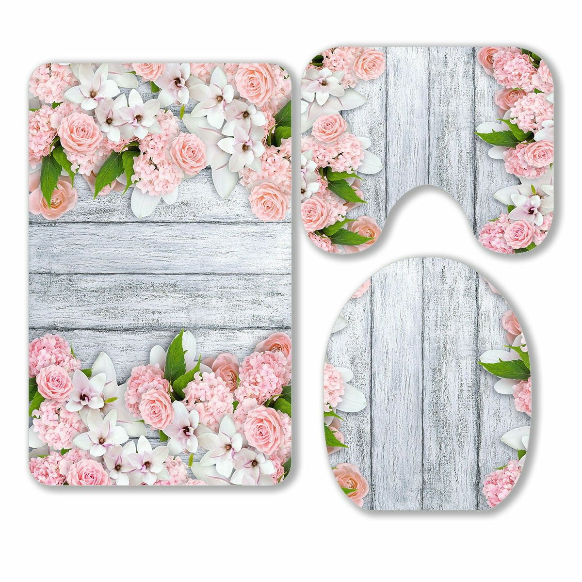 ECZJNT Magnolia flowers roses hortensia 3 Piece Bathroom Rugs Set Bath