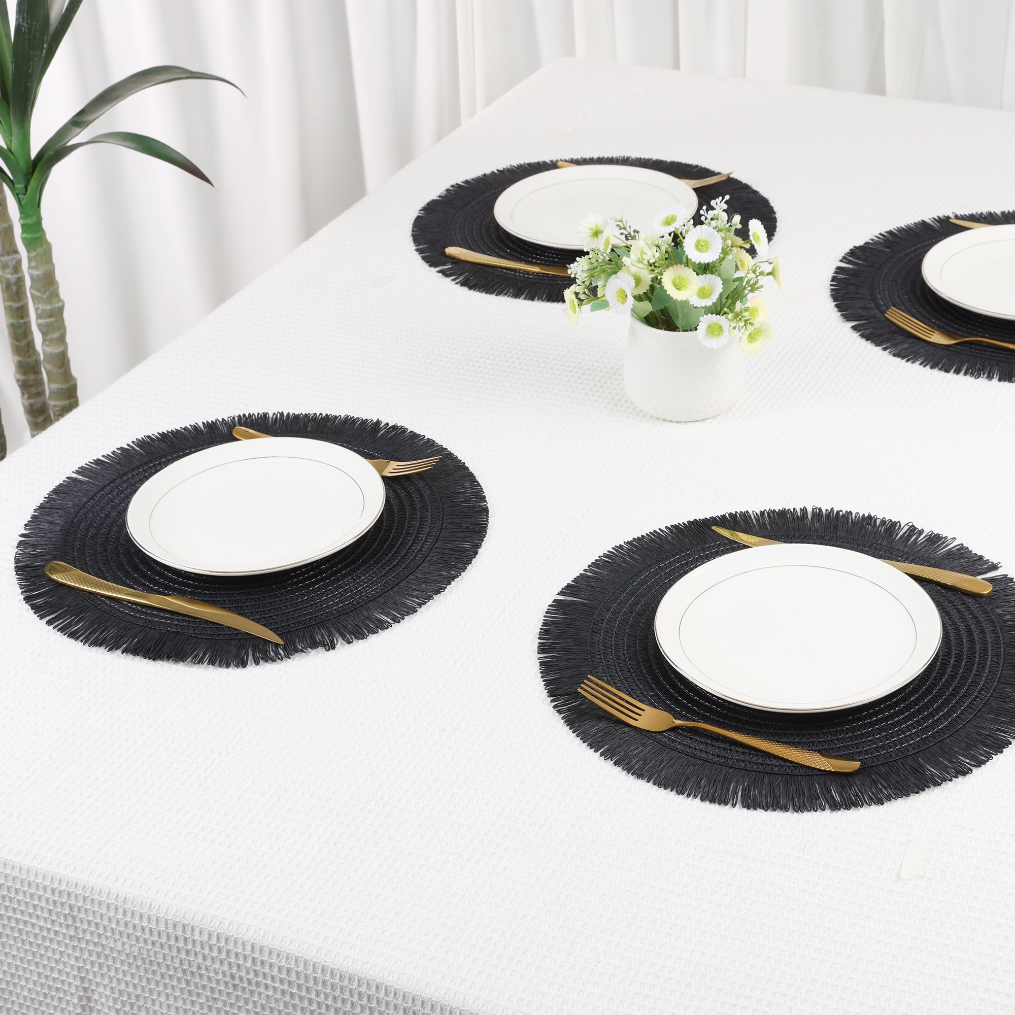 Unique Bargains Rustic Tassel Place Mats Set of 6 for Dining Table Decor Black 15"x15"