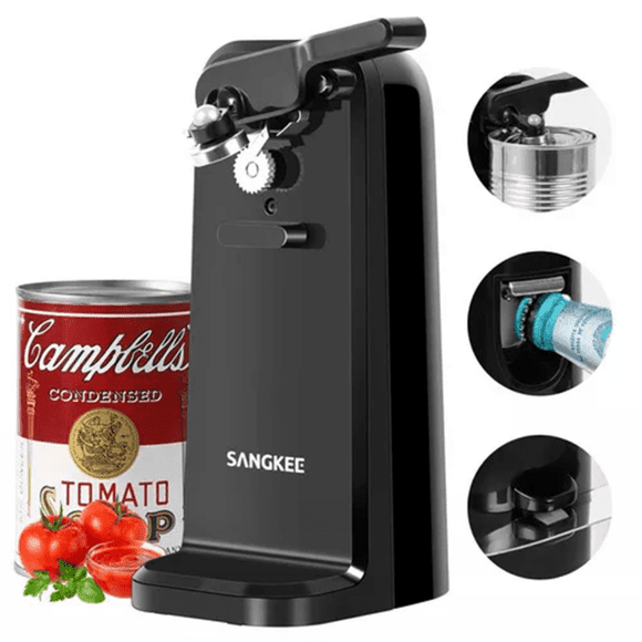 Abrelatas Eléctrico, SANGKEE, 3 en 1,  Afilador de Cuchillos y Destapador, 60W, Negro