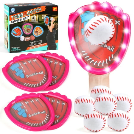 Beefunni Toss and Catch Baseball Toy Set Indoor Outdoor Toys for Kids Family with 4 LED Light-Up Gloves 6 Soft Sticky Ball Gift for Kids Ages 3-12 Beginner Baseball Training