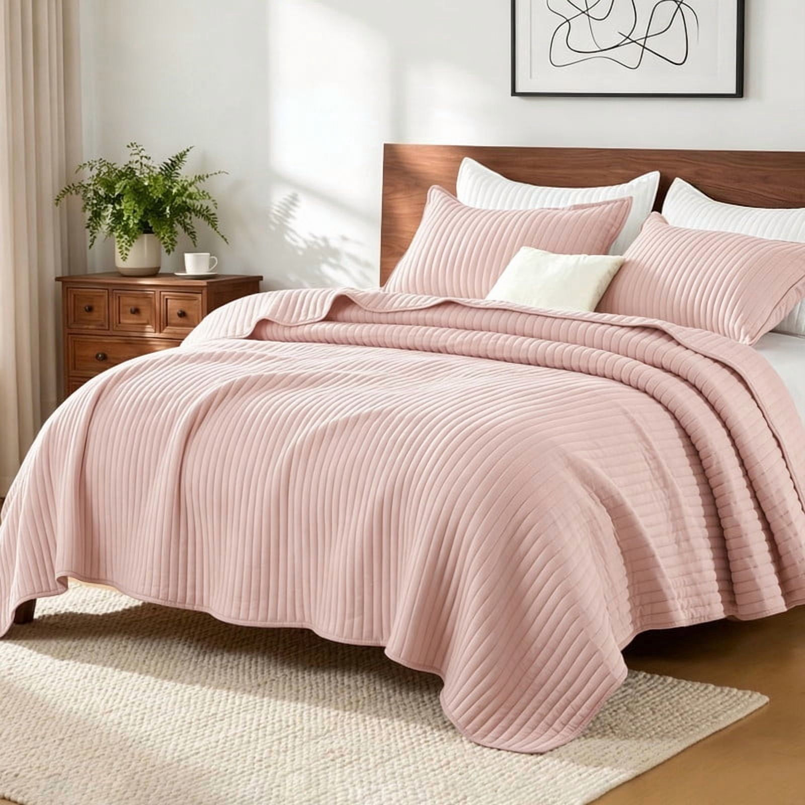 Exclusivo Mezcla Twin Quilt Bedding Set, Stripe Stitching Blush Pink Quilts Twin Size for All Seasons, Soft Lightweight Microfiber Bedspreads Coverlets Bed Cover, 68"x88"