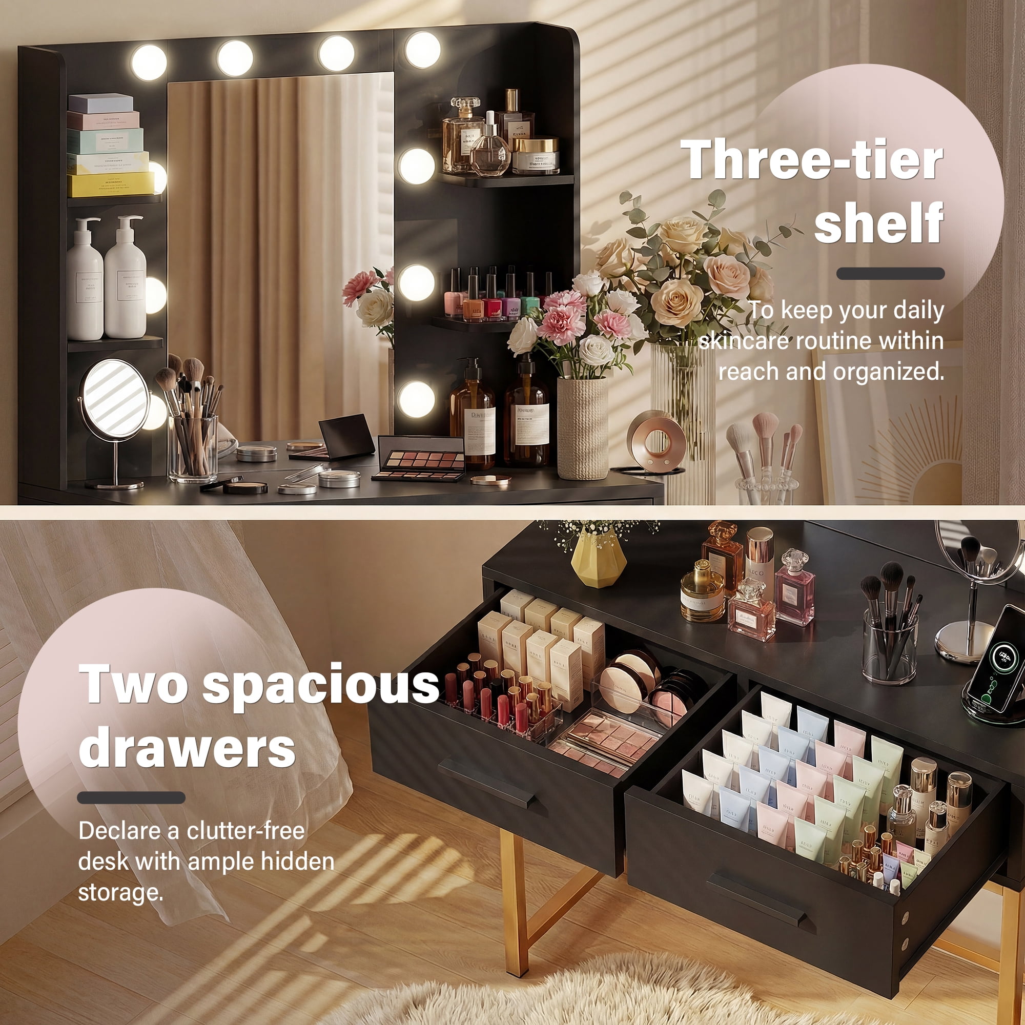 Homall Vanity Desk with Mirror, Power Outlet & LED Lights, Makeup Vanity Table with 2 Drawers & 4 Shelves, Dressing Table for Bedroom Dressing Room, Black