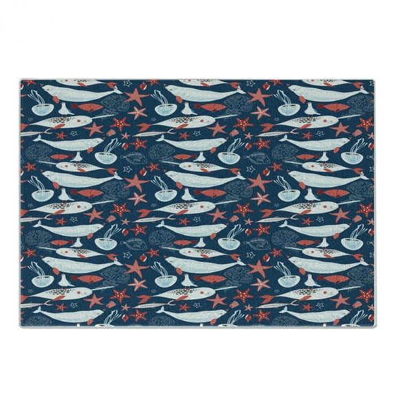 Narwhal Cutting Board, Arctic Ocean Fauna Fish and Jellyfish Sketch, Decorative Tempered Glass Cutting and Serving Board, Small Size, Royal Blue Pale Blue, by Ambesonne