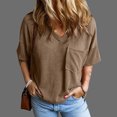 thumbnail image 2 of Lovskoo 2024 Women's Trendy Short Sleeve Shirts Oversized Knitted Tops V Neck Blouses for Women Solid Color Loose Casual Khaki-M, 2 of 9