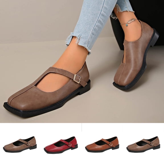 Womens Mary Jane Shoes Square Toe Flats Plus Size Casual Fashion Adjustable Buckle Strap Closed Toe Comfortable Shoes for Spring Summer Daily Walking