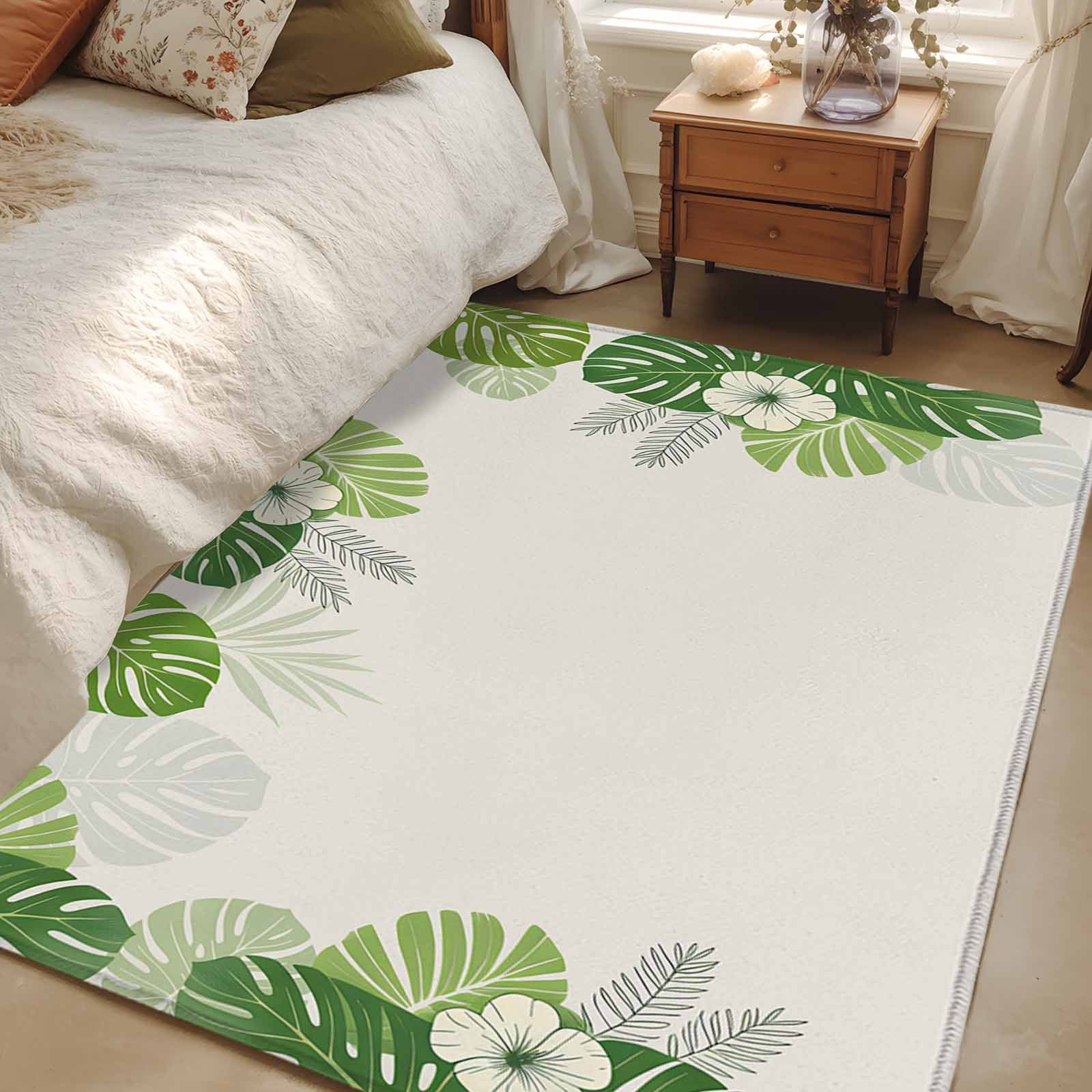 Palm Leaves Area Rugs 2.7'x5', Washable Small Throw Rugs for Kitchen Bedroom, Farmhouse Summer Tropical Leaf Flowers Indoor Outdoor Rug Non-Slip Low Pile Carpet Runner Reversible Floor Mats