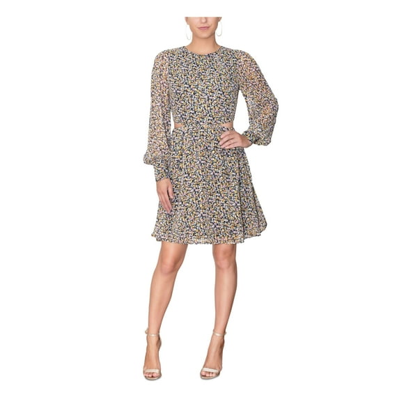 RACHEL RACHEL ROY Womens Black Zippered Lined Sheer Button Cuffs Cut Out Floral Long Sleeve Round Neck Above The Knee Fit + Flare Dress 6
