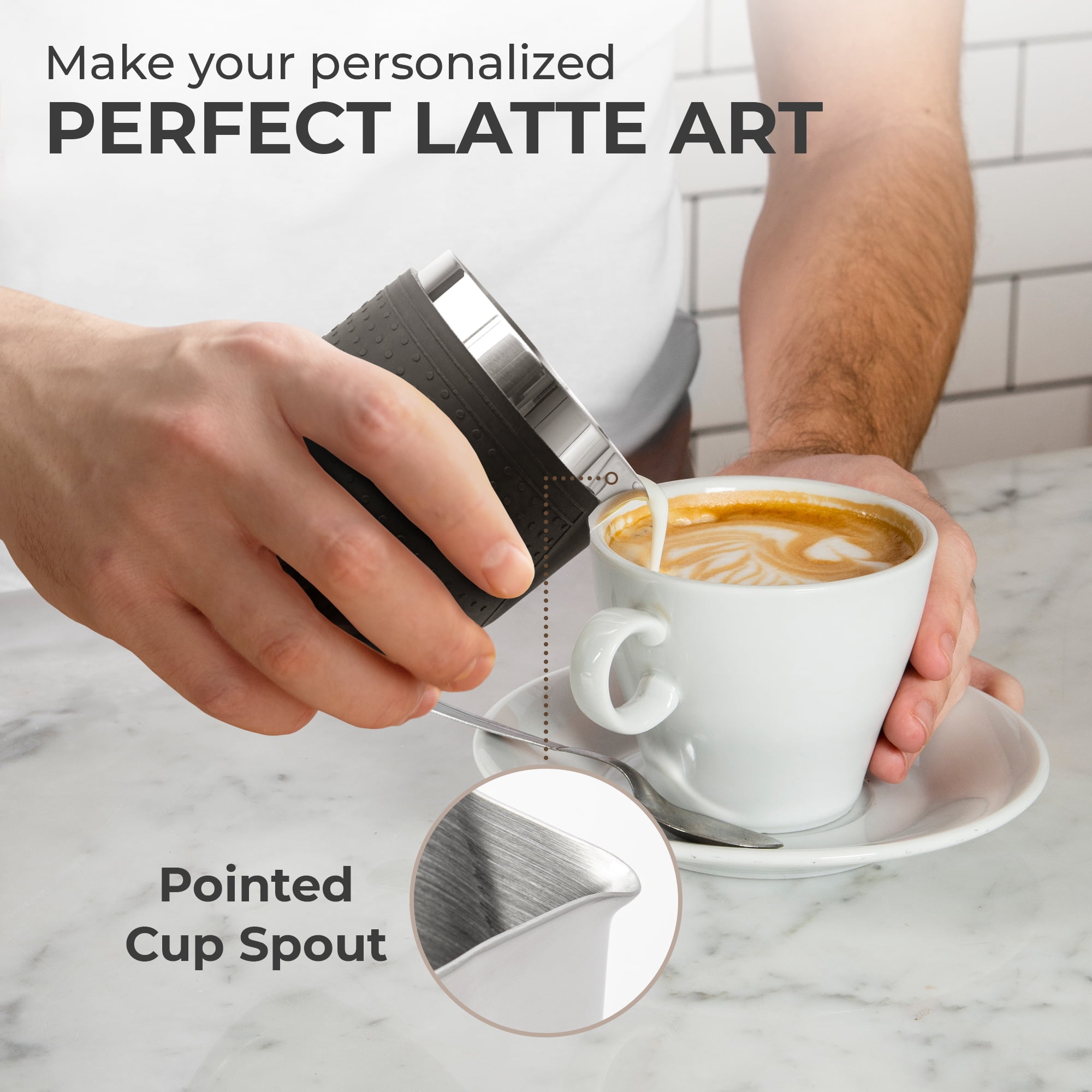 Milk Frothing Pitcher 20oz, Stainless Steel with Anti-Burn Silicone Sleeve, Dripless Spout, Kaffe