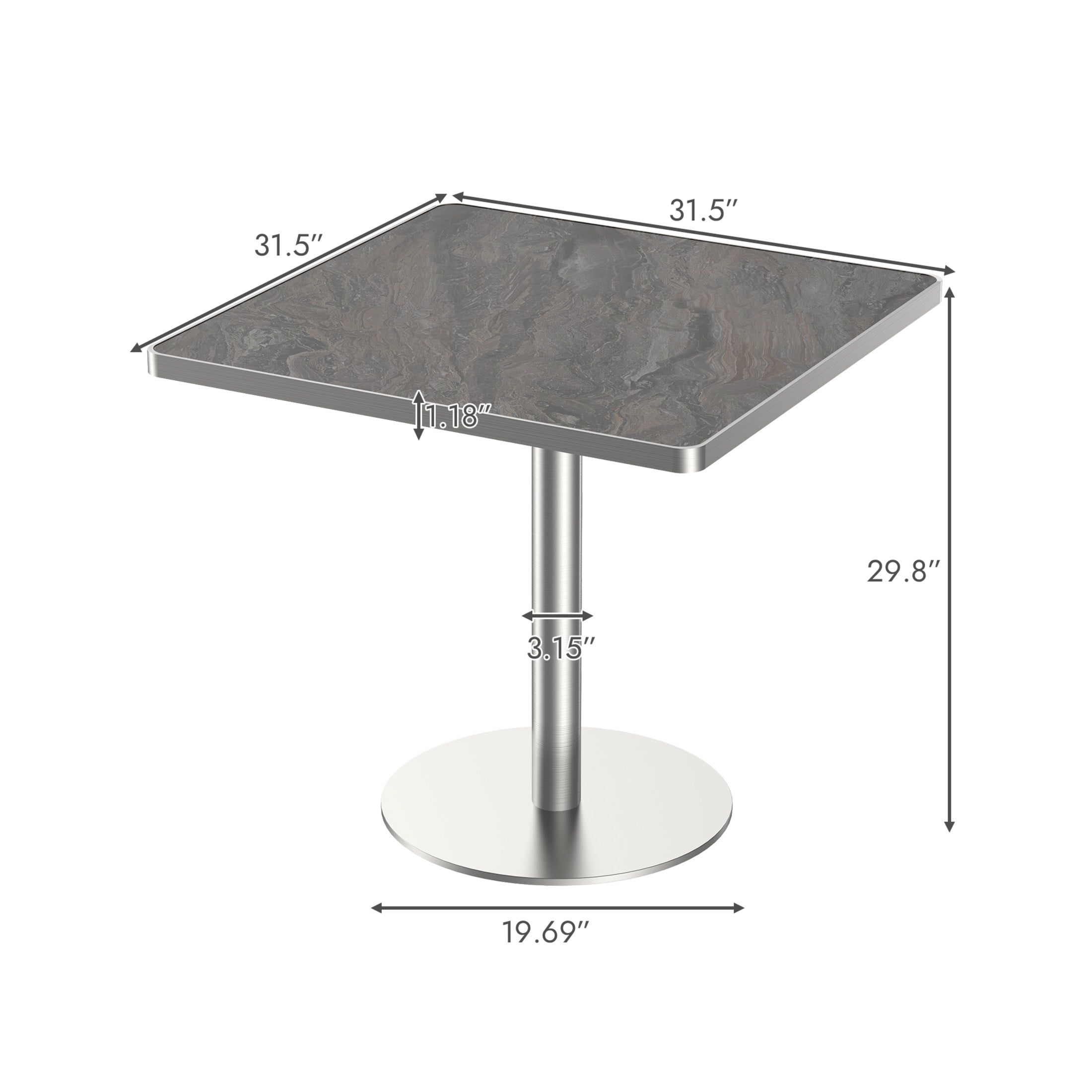 Noble House 31.5" Square Dining Table with Faux Marble Top, Luxury Bistro Table with Stainless Steel Legs, Gray & Silver