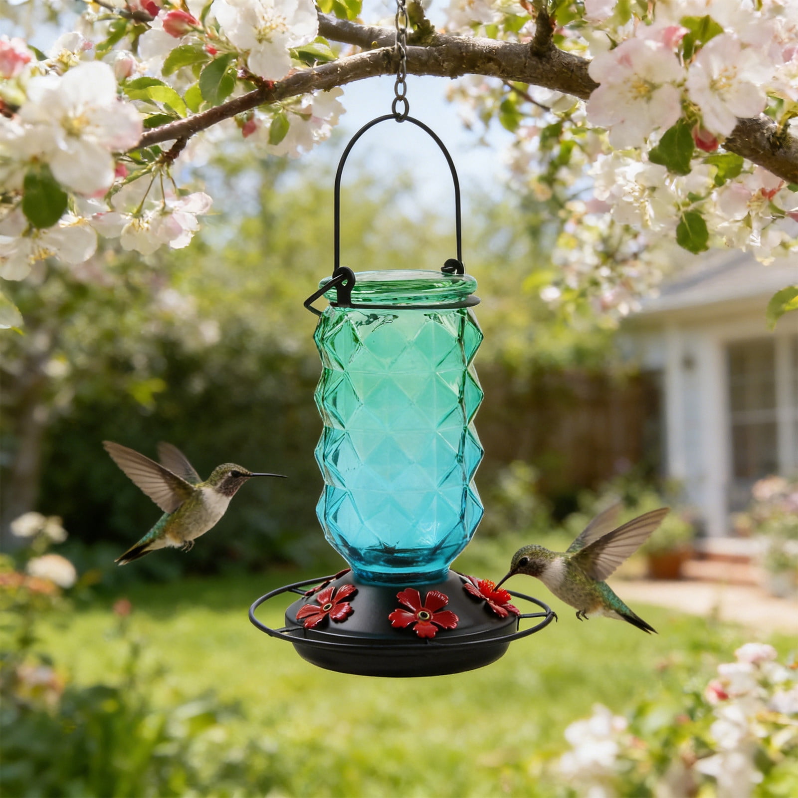BZPIZ Hummingbird Feeders for Outdoors, Hanging Glass Bowl Hummingbird Feeder with Flower Shaped Feeding Ports, Bird Baths for Hummingbirds, Garden Patio Backyard Lawn Decor Green