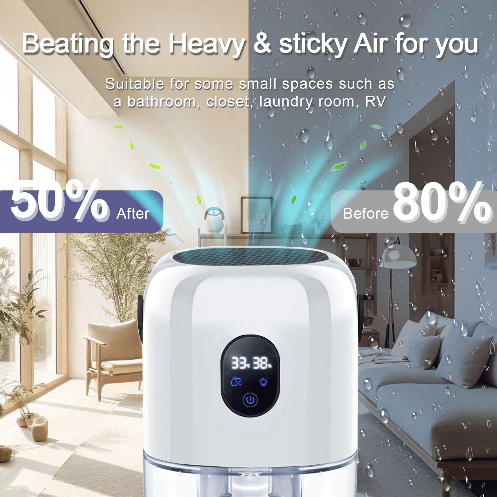 Flictozena Desktop dehumidifier with 35oz water tank, portable leather handle, 7-color ambient light, Elegant White