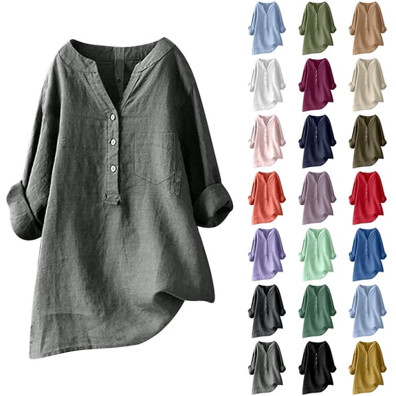 CAIXIA Elegant Loose Fit Linen Shirt for Women Long Sleeve Mandarin Collar Button Up Blouse Womens Spring Tops 2026,White