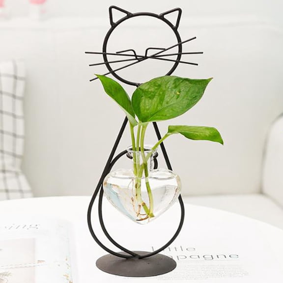Desktop Glass Planter Vase Holder, Metal Cat Plant Terrarium Stand for Plants Creative Decorations for Home Patio Lawn Garden