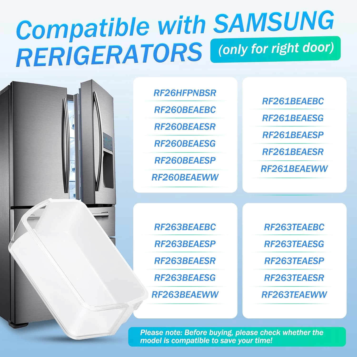 DA97-12650A Door Shelf Bin Basket for Samsung Refrigerator Door Shelf Right Side Replacement for Samsung RF260,RF261,RF263 Refrigerator Shelves Replaces DA63-07104A,2692337,AP5620330,PS4176653-2 PACK