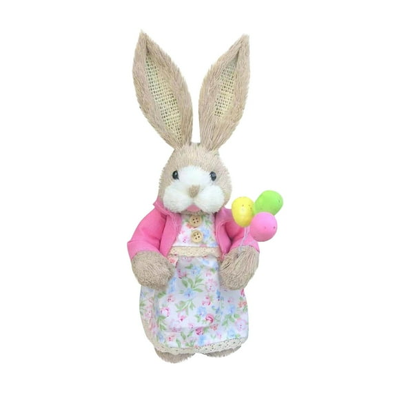 14Inch Sisal Easter Bunny Figurine with Carrot & Basket, Hand-Woven Straw Rabbit Tabletop Decoration for Spring Home Decor, Easter Party Centerpiece & s Gift