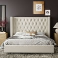 thumbnail image 4 of Merluxy Queen Bed Frame Upholstered Bed Wingback Headboard Velvet Tufted Diamond Button/No Box Spring Needed/Easy Assembly/Cream, 4 of 10