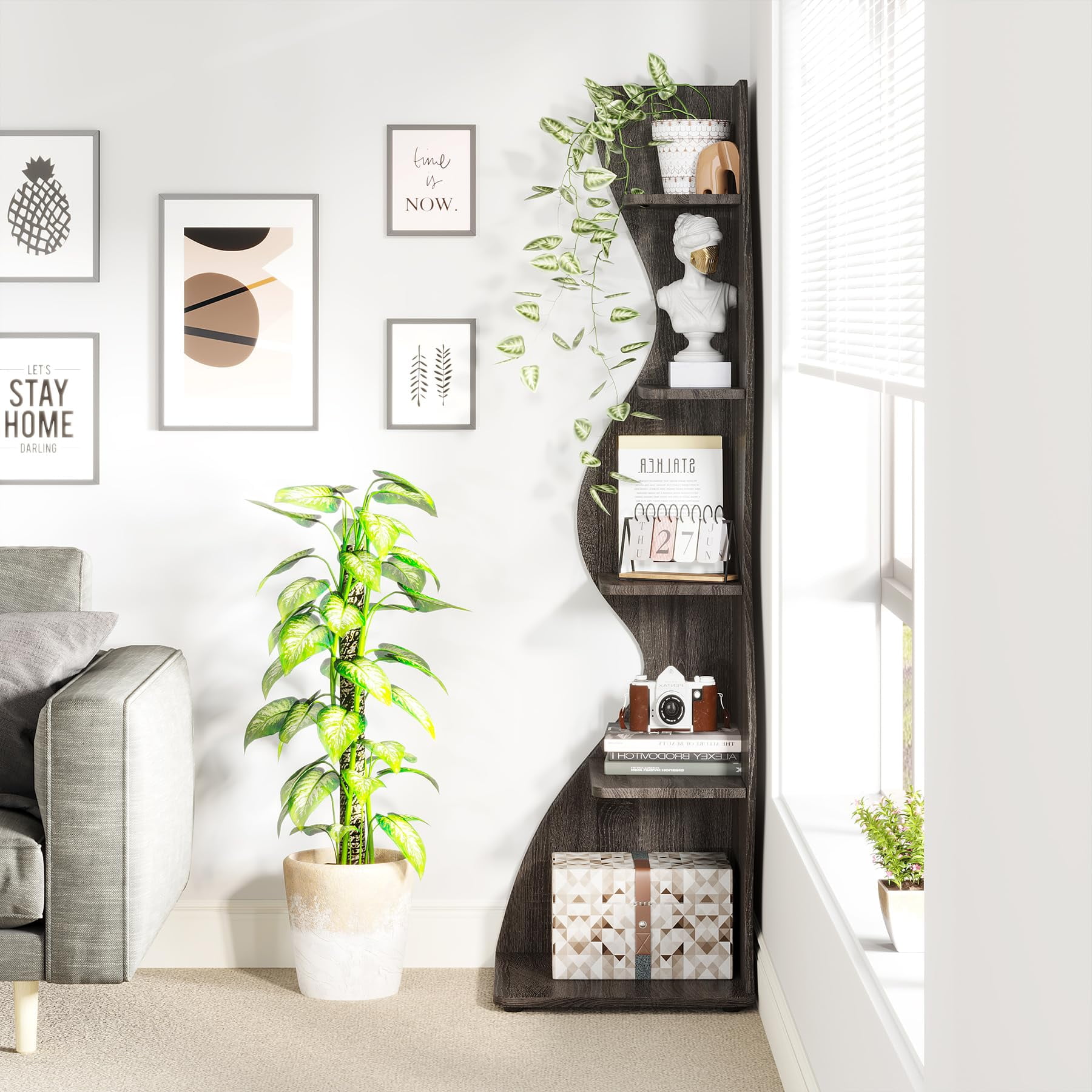 Tribesigns Corner Shelf, Modern 5-Tier Corner Bookshelf, Stylish Corner Bookcase Plant Stand (Gray)