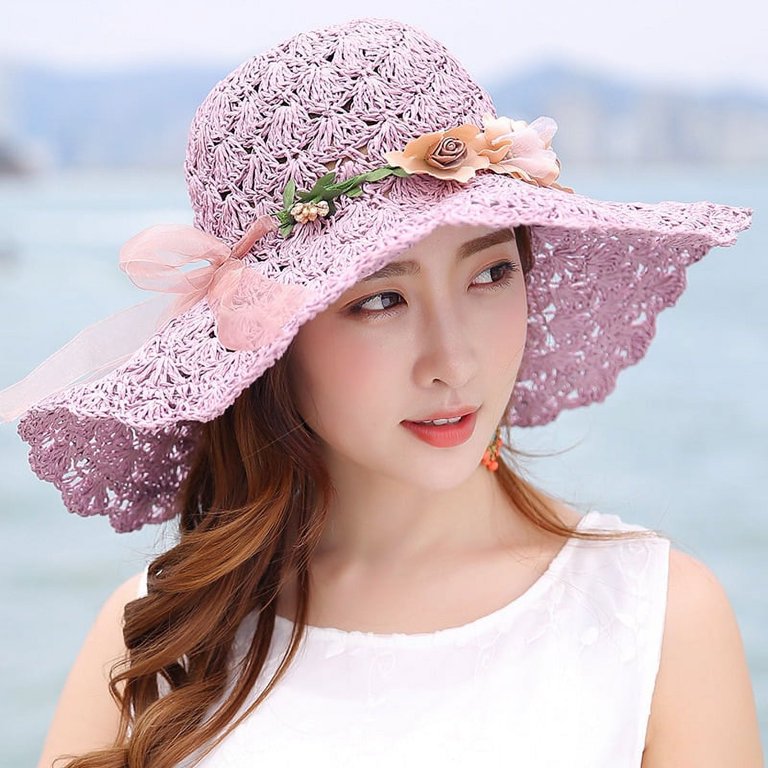 SikaFu Korea Style Summer Hats for Women Flower Garland Wide Brim